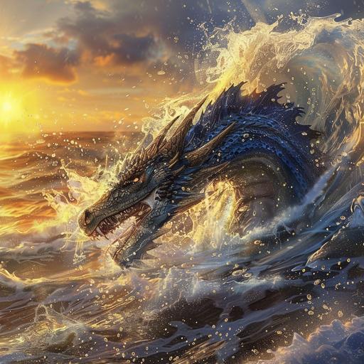 blue dragon, sea dragon, emerging from the ocean, large splash, golden hour