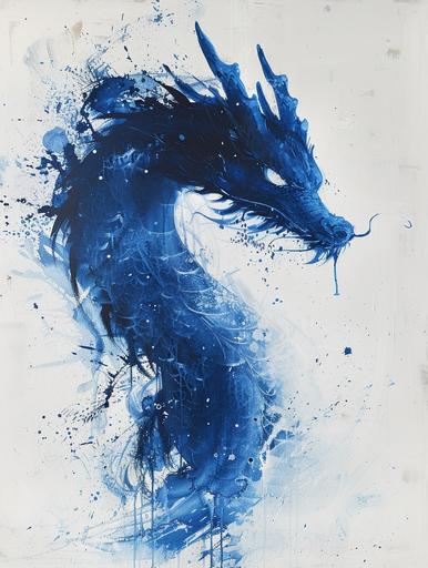 blue dragon silhouette, effect of paint on water, imperfect and unfinished painting, background white paper texture --ar 3:4 --s 300 --v 6.0