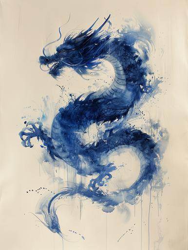blue dragon silhouette, effect of paint on water, imperfect and unfinished painting, background white paper texture --ar 3:4 --s 300 --v 6.0