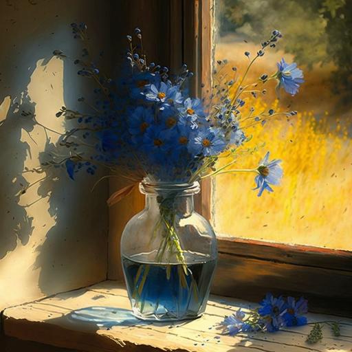 blue flowers in glass vase full of sun, provence style
