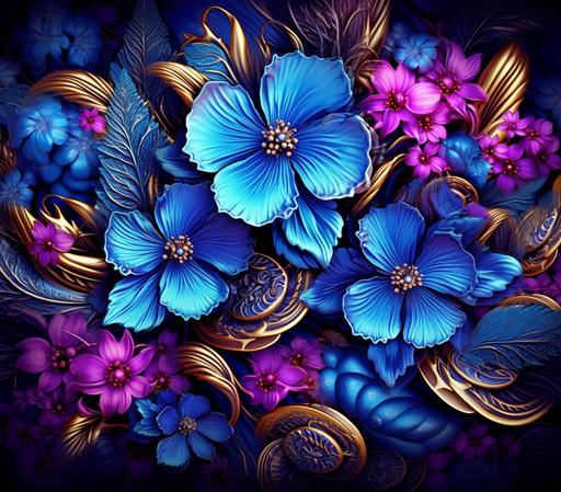 blue flowers wallpaper desktop wallpapers wallpaper wallpapers free, in the style of psychadelic surrealism, dark gold and magenta, fairy tale illustrations, jewelry by painters and sculptors, tangled forms, photorealistic compositions, tightly cropped compositions --ar 2000:1763 --v 5.1