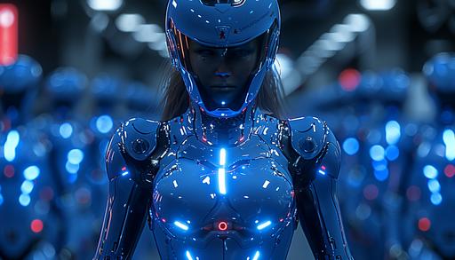 blue full body soldiers in the style of this picture but without that woman. army of soldiers in futuristic style. blue suits that glow. helmet. cinematic. realistic. --s 750 --ar 7:4