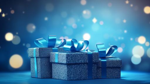blue gift boxes with glowing glitter on bokeh background --ar 16:9