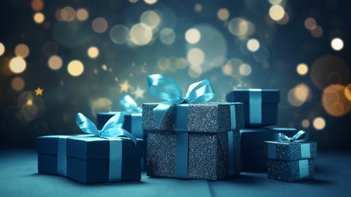 blue gift boxes with glowing glitter on bokeh background --ar 16:9