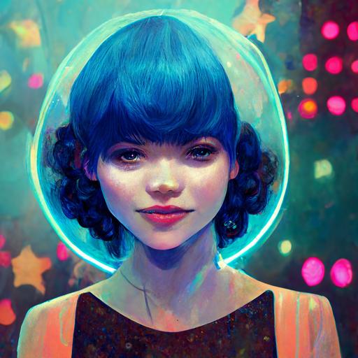 blue girl in party outfit has a disco party on the planet