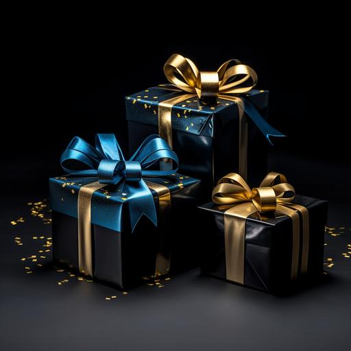 blue, gold and black present boxes with black background
