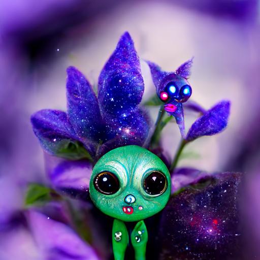 blue green cute alien with big head and big eyes with smaller body colorful nebula stars in background with purple alien vines and plants