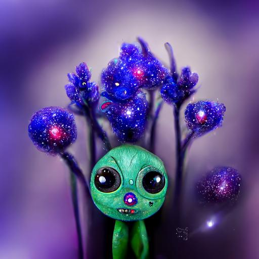 blue green cute alien with big head and big eyes with smaller body colorful nebula stars in background with purple alien vines and plants