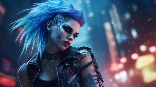 blue haired punk rocker girl:: blue haired punk rocker girl, cyberpunk, face tattoo right side of her face, heavy makeup, standing in the middle of a stage in mega city at night, --ar 16:9