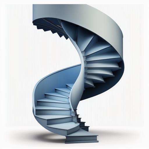 blue half arching spiral 180 degree staircase, with pure white background , no railing, side view