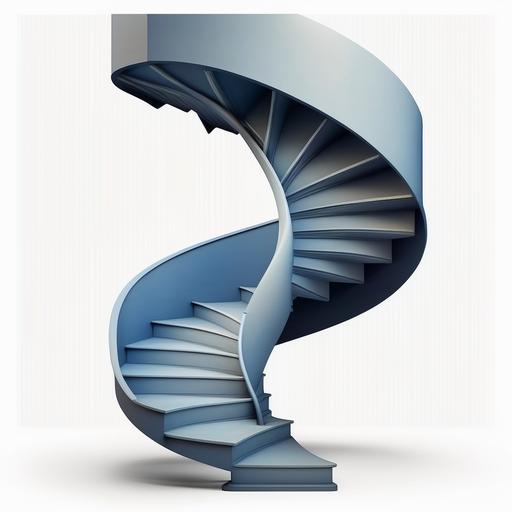 blue half arching spiral 180 degree staircase, with pure white background , no railing, side view