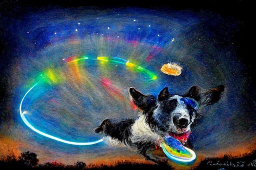 blue heeler boarder collie mix dog chasing the cosmic frisbee over the rainbow of love --no DOF --ar 3:2 --q 3 --video