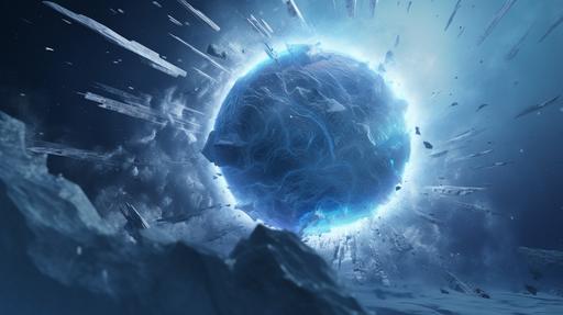 blue ice planetoid exploding in space, several impact rings emanate outward from the core, large chunks of ice and snow flail outwards from the center, cinematic, --ar 16:9