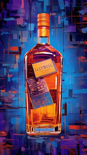 blue label whiskey advertisement, johnnie walker blue label bottle style, hyper realistic, popart colors purple and orange --ar 9:16