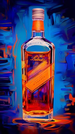 blue label whiskey advertisement, johnnie walker blue label bottle style, hyper realistic, popart colors purple and orange --ar 9:16