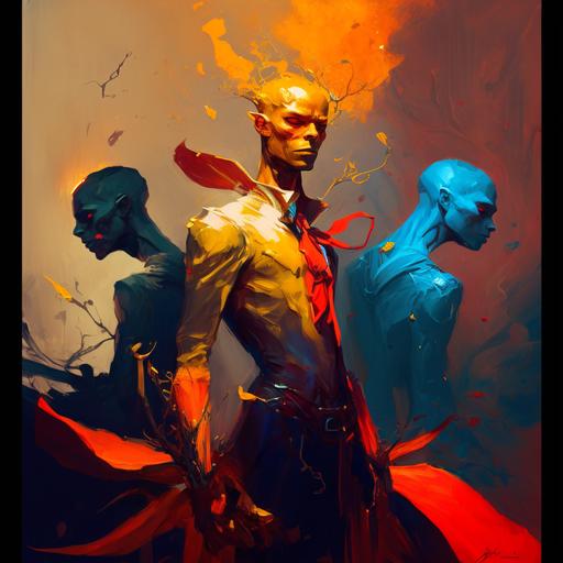 blue man, red man, yellow man, vibrant color scheme, highly detailed, in the style of romanticism, cinematic, artstation, colorful kaleidoscope,John Singer Sargent, Jeremy Mann, Adolph Menzel, --uplight --s 750