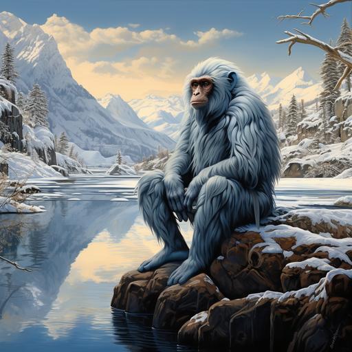 blue monkey, white ears, wise looking, sitting by a river in a snow mountain