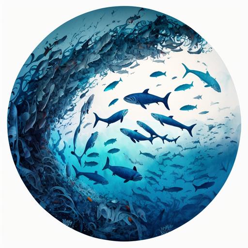 blue ocean, white background, round,artwork, fishes, abstract, nature