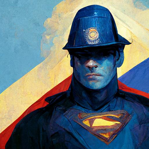 blue police officer with a hat who is removing his uniform exposing the underlying superman