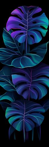 blue, purple and green fluor, monstera leaves wallpaper pattern paint, 4k, blue light --ar 1:3 --weird 25 --chaos 20 --niji 5