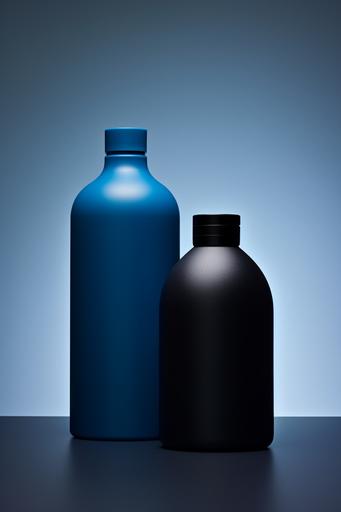 blue shampoo bottle set with bottle cap on white background, in the style of dark gray and dark blue, kazuki takamatsu, scanner photography, sleek lines, vibrant colorism, eero saarinen, eco-friendly craftsmanship --ar 85:128