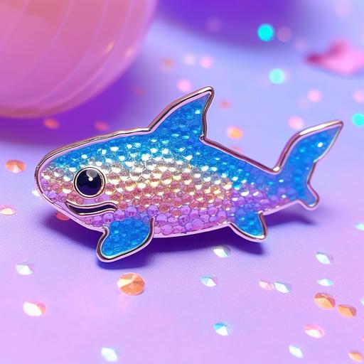 blue shark kawaii enamel pin, iridescent highlights sparklecore, --s 250