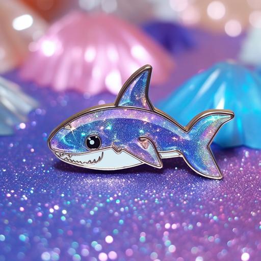 blue shark kawaii enamel pin, iridescent highlights sparklecore, --s 250