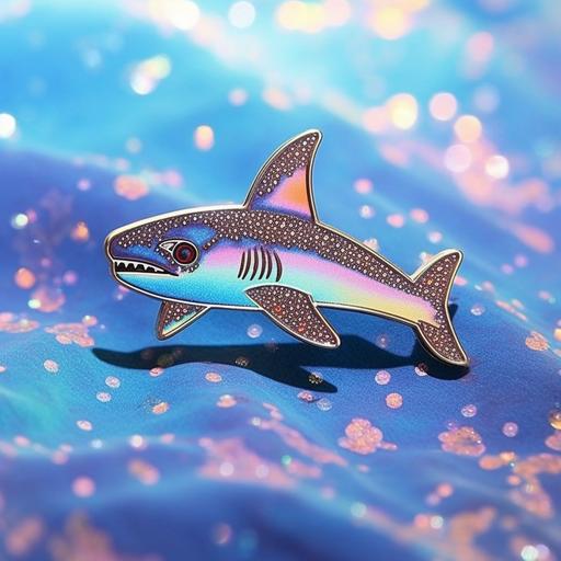 blue shark kawaii enamel pin, iridescent highlights sparklecore, --s 250