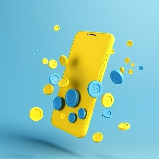 blue smartphone and button flying,yellow background,3d clay illustration --v 5 --s 250