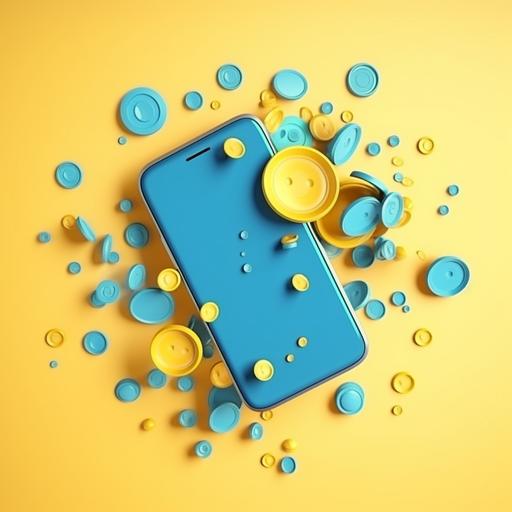 blue smartphone and button flying,yellow background,3d clay illustration --v 5 --s 250