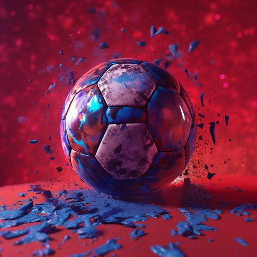 blue soccer ball a bit dirty, shining, render in redshift, red background, abstract composition