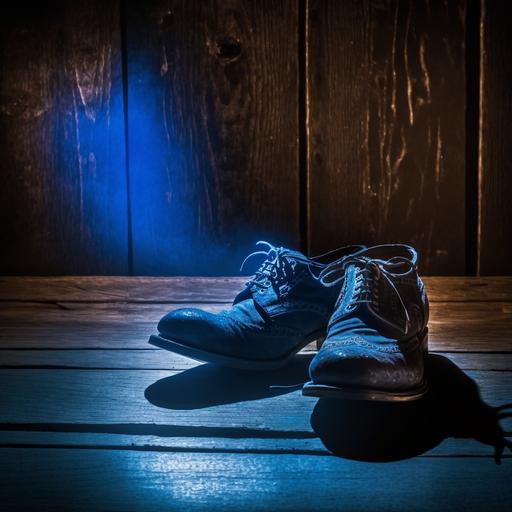 blue sued shoes, on a wood stage, dramatic cinema lighting --v 4