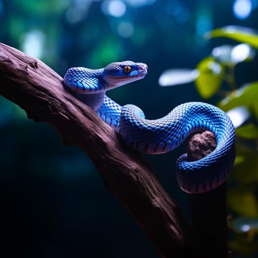 blue viper snake on branch, blue trimeresus viper