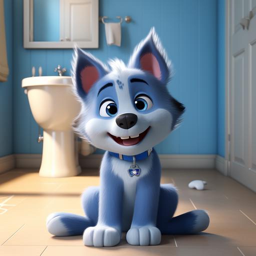 bluey sitting on toilet doing potty training in a nice bathroom, Disney cartoon style