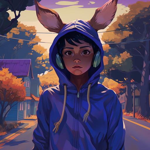 blurple, Mercedes deBellard art style, a fictional character, Filipino-descent boy in a squid-game movie suit excluding the shapes printed and excluding mask or hood, has horns like mule-deer, animated abandoned buiding background, rustic gates, wind-blown leaves on the road.