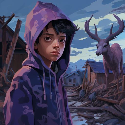 blurple, Mercedes deBellard art style, a fictional character, Filipino-descent boy in a squid-game movie suit excluding the shapes printed and excluding mask or hood, has horns like mule-deer, animated abandoned buiding background, rustic gates, wind-blown leaves on the road.