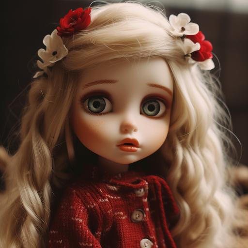 blythe doll, blond hair, blue eyes, fool body, red lips, puffy lips, bangs of the level of the eyebrows, long hair is braided, thick eyebrows, 3 magnolia flower in hair, large in hand heard of red color, hiper realistic, 4k, ultra details, photography, light noon,80 mm, ar 9:16, cinematic, background in the form on the Green Forest,