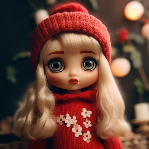 blythe doll, blond hair, blue eyes, fool body, red lips, puffy lips, bangs of the level of the eyebrows, long hair is braided, thick eyebrows, 3 magnolia flower in hair, large in hand heard of red color, hiper realistic, 4k, ultra details, photography, light noon,80 mm, ar 9:16, cinematic, background in the form on the Green Forest,