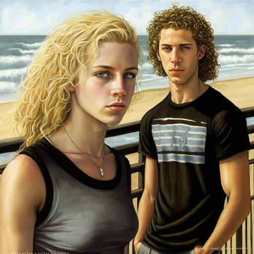 boardwalk 1 Goth blonde and curly hair male detailed handsome face with brown eyes wearing a tshirt and sweatpant with converse with 1 black and straight hair female detailed prettu face with black eyes wearing a black skirt and tshirt marriage proposal in a natural places,
