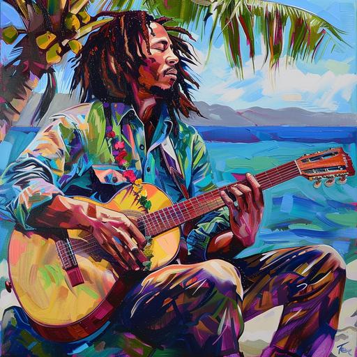 bob Marley art, colorful and tropical, playing guitar, realistic oil painting