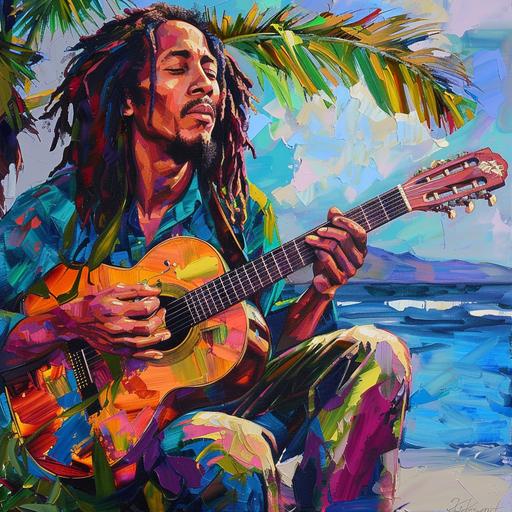 bob Marley art, colorful and tropical, playing guitar, realistic oil painting