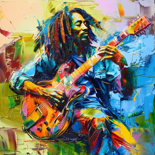bob Marley playing guitar, colorful pop art style, abstract background, semi realistic, oil painting