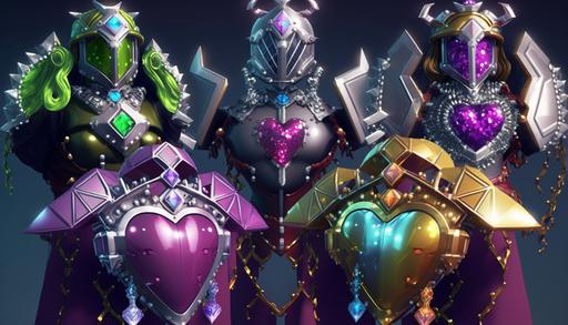 the heartcore gang wearing gemstone jewelry and gem incrusted armor and a gemstone hats, shiny, reflective surfaces, --ar 16:9 --v 4