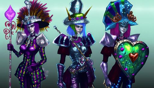 the heartcore punk gang wearing gemstone staffs and gem incrusted armor and a gemstone hats, shiny, reflective surfaces, --ar 16:9 --v 4