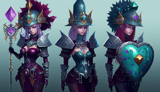 the heartcore punk gang wearing gemstone staffs and gem incrusted armor and a gemstone hats, shiny, reflective surfaces, --ar 16:9 --v 4