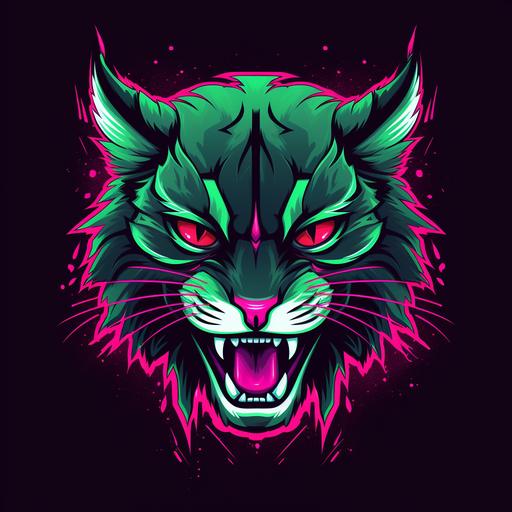 bobcat head with friendly eyes growling in style of nhl hockey logo in neon green and neon pink