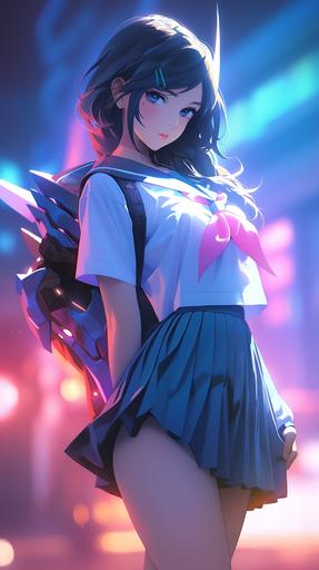 body, surreal vanilla, Japanese schoolgirl uniform, beautiful eyes, blue neon lighting, decepticon logo, walking pin up pose, full figure, artgerm style, bright colors --ar 9:16 --niji 5