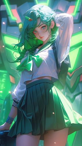 body, surreal vanilla, Japanese schoolgirl uniform, beautiful eyes, green neon lighting, decepticon logo, walking pin up pose, full figure, artgerm style, bright colors --ar 9:16 --niji 5