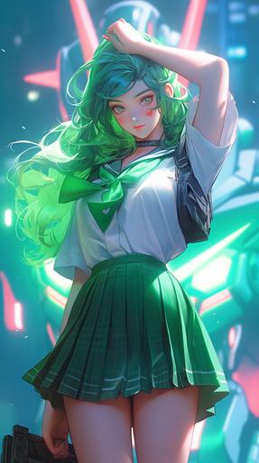 body, surreal vanilla, Japanese schoolgirl uniform, beautiful eyes, green neon lighting, decepticon logo, walking pin up pose, full figure, artgerm style, bright colors --ar 9:16 --niji 5