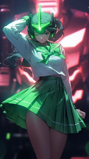 body, surreal vanilla, Japanese schoolgirl uniform, cyborg arm, green neon lighting, decepticon logo, walking pin up pose, full figure, artgerm style, bright colors --ar 9:16 --niji 5
